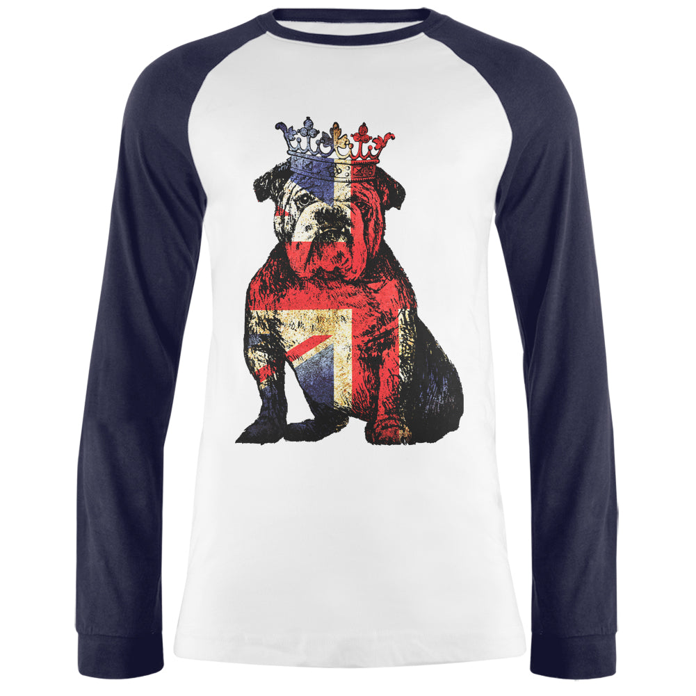 English British Bulldog Crown Grunge Flag Mens Long Sleeve Raglan T Shirt Men's Raglans Old Glory 2XL White-Navy 