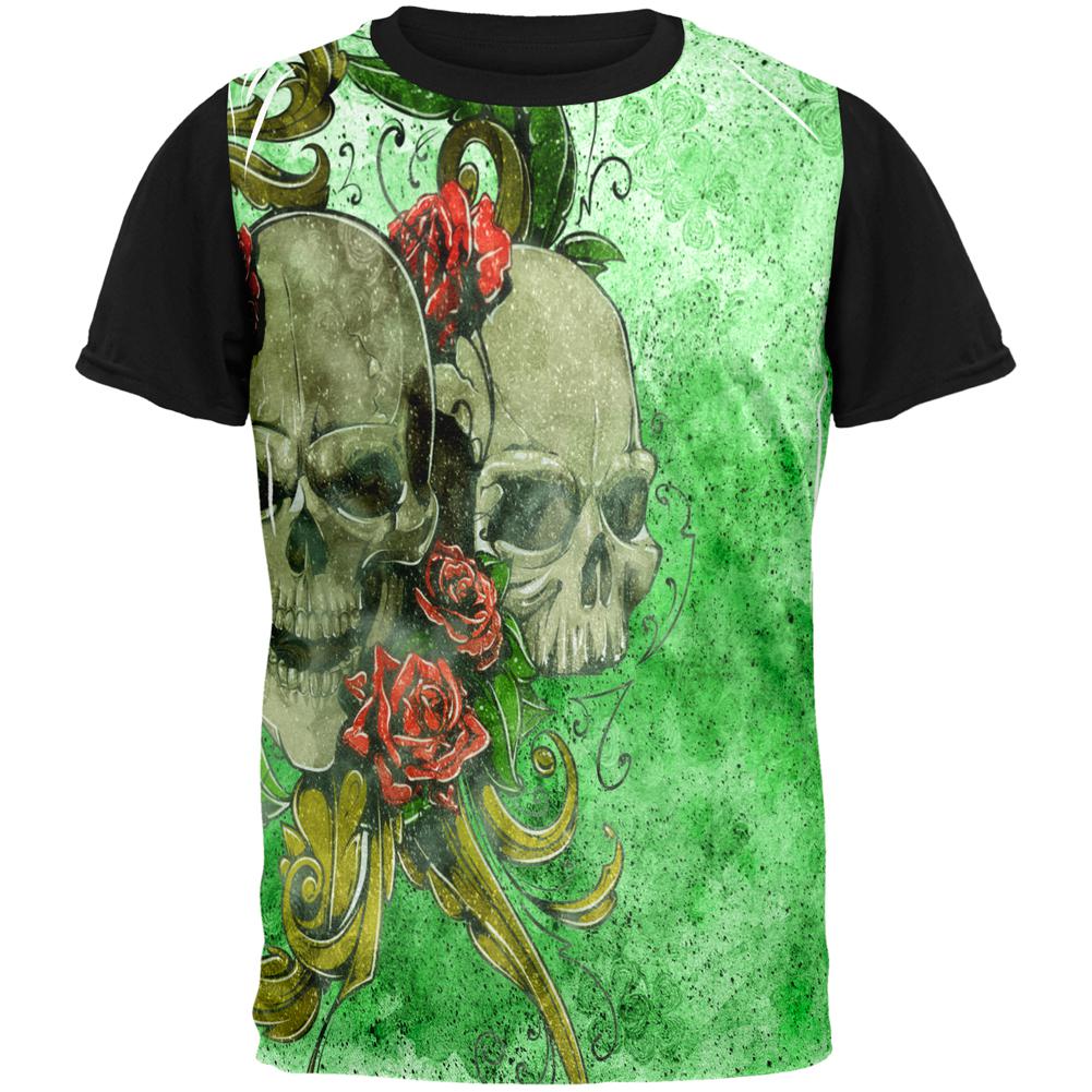 St. Patricks Day Deadly Wild Irish Rose Skull Tattoo All Over Mens Black Back T Shirt Men's T-Shirts Old Glory MD Multi 