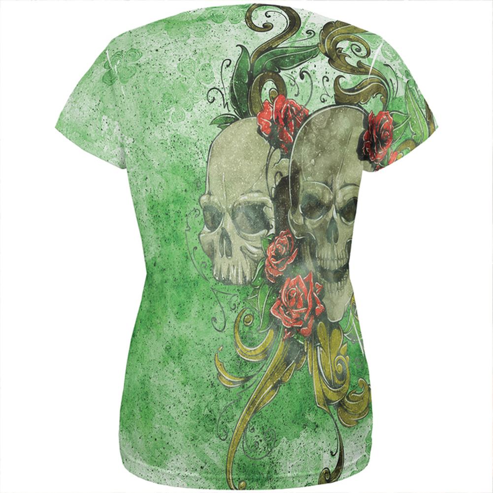 St. Patricks Day Deadly Wild Irish Rose Skull Tattoo All Over Womens T Shirt Women's T-Shirts Old Glory   