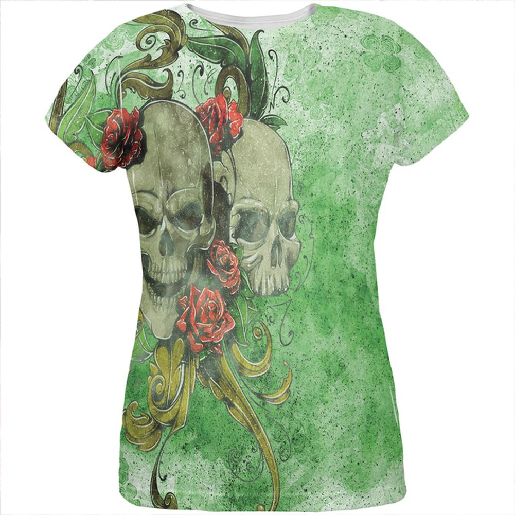 St. Patricks Day Deadly Wild Irish Rose Skull Tattoo All Over Womens T Shirt Women's T-Shirts Old Glory 2XL Multi 