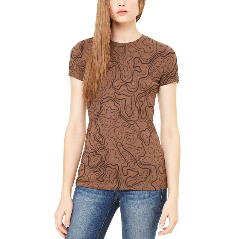 Hiking Fanatic Topographical Map Pattern Juniors Soft T Shirt Juniors T-Shirts Old Glory 2XL Brown 