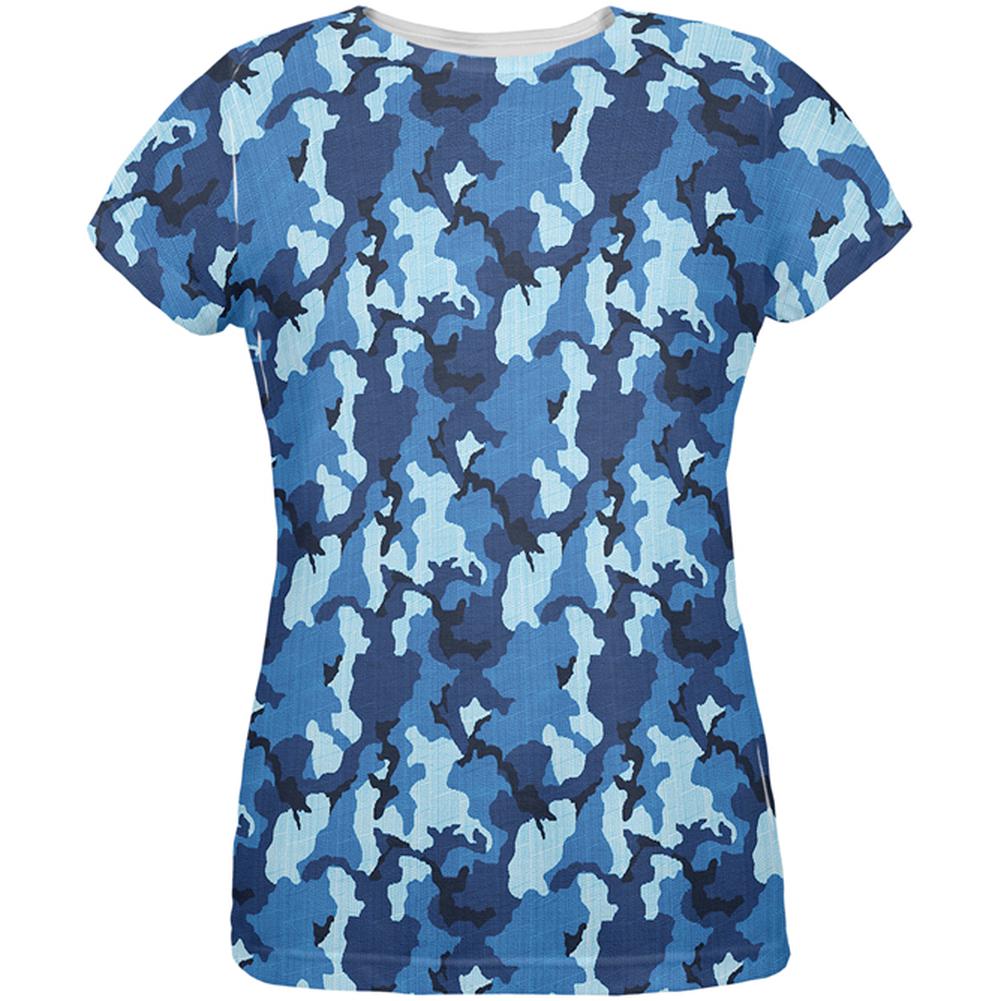 Navy Blue Camo All Over Womens T Shirt Women's T-Shirts Old Glory 2XL Multi 