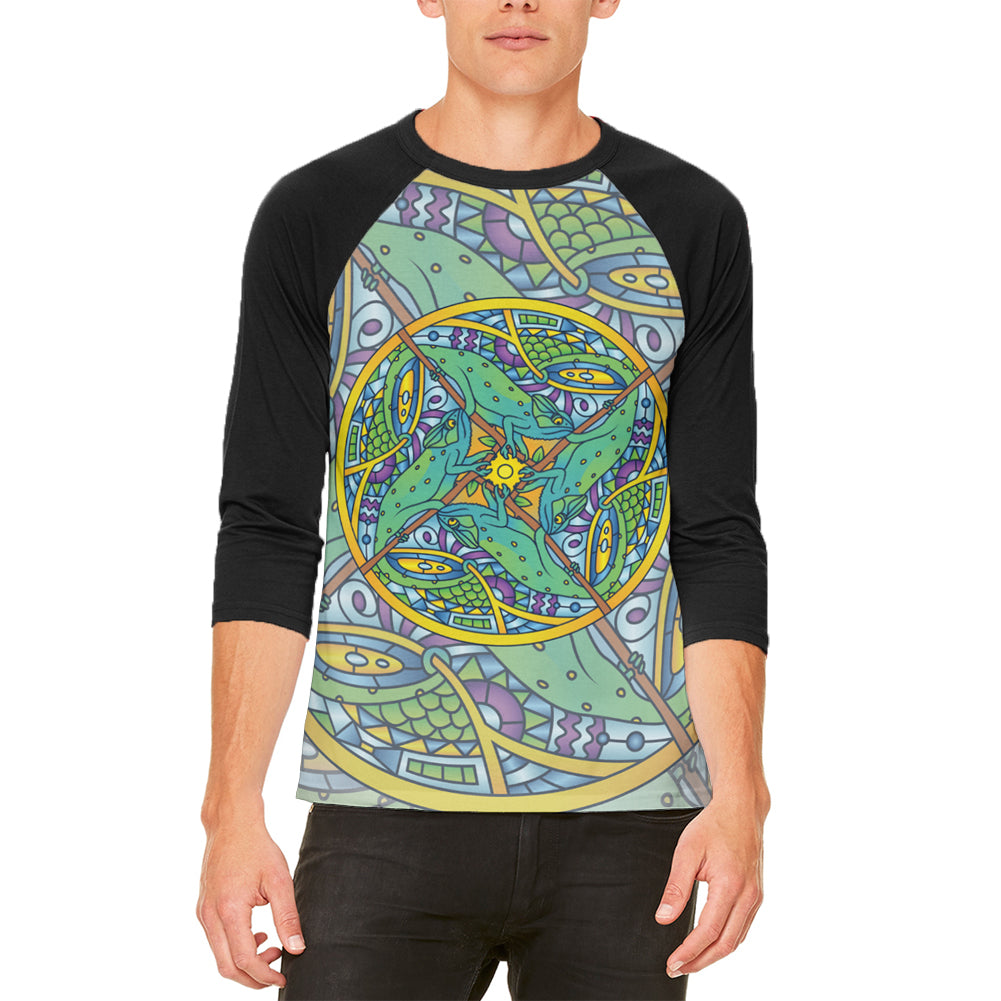 Mandala Trippy Stained Glass Chameleon Mens Raglan T Shirt Men's Raglans Old Glory LG White 