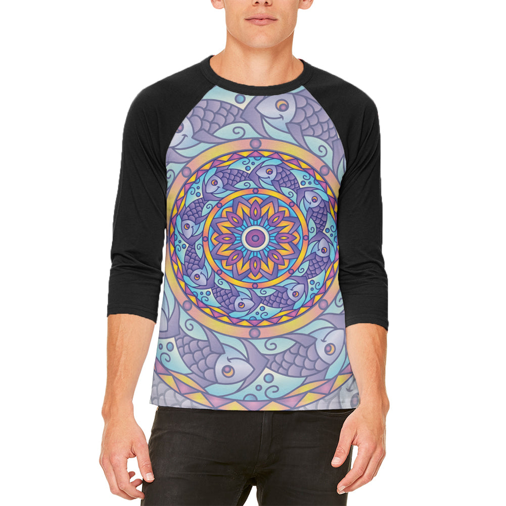 Mandala Trippy Stained Glass Fish Mens Raglan T Shirt Men's Raglans Old Glory LG White-Black 