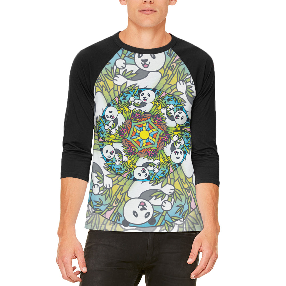 Mandala Trippy Stained Glass Panda Mens Raglan T Shirt Men's Raglans Old Glory 2XL White-Black 