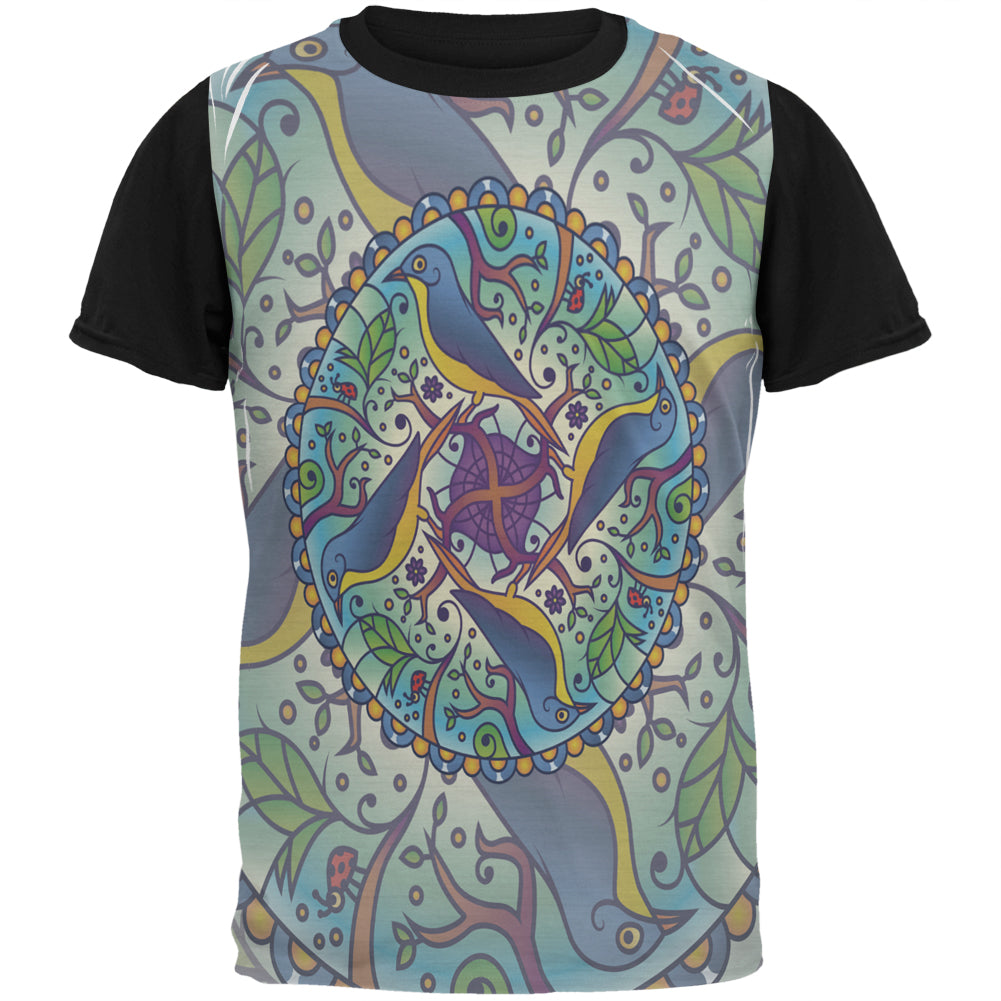 Mandala Trippy Stained Glass Spring Birds All Over Mens Black Back T Shirt Men's T-Shirts Old Glory SM Multi 