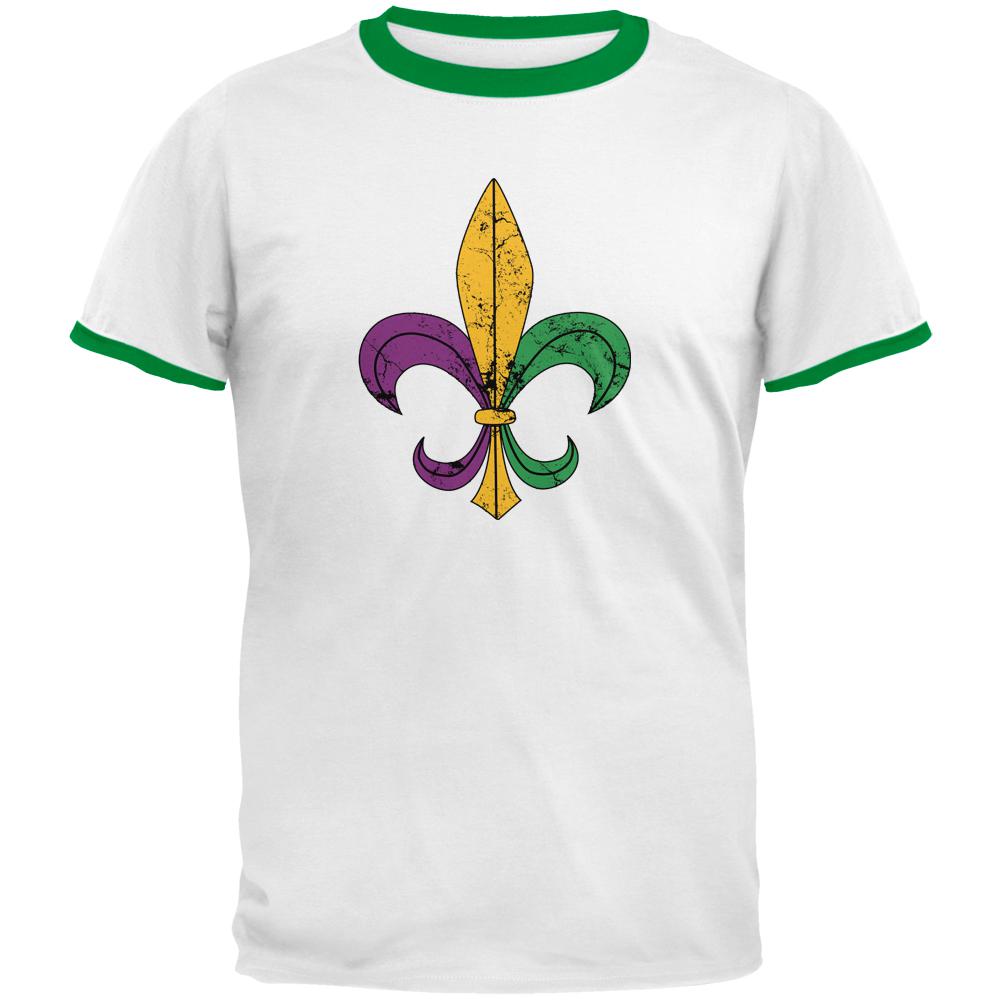 Mardi Gras Fleur De Lis Distressed Mens Ringer T Shirt Men's T-Shirts Old Glory 2XL White-Kelly 