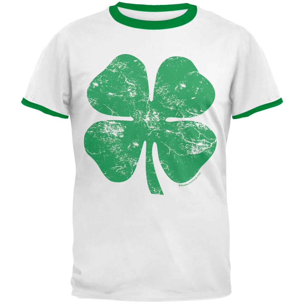 St Patricks Day Big Distressed Shamrock Mens Ringer T Shirt Men's T-Shirts Old Glory 2XL White-Kelly 