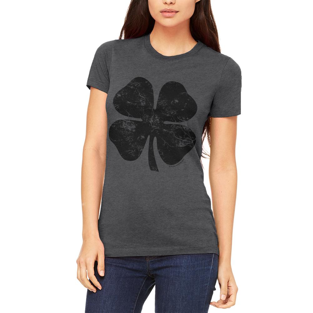 St Patrick's Day Distressed Black Shamrock Juniors Soft T-Shirt Juniors T-Shirts Old Glory MD Dark Heather 