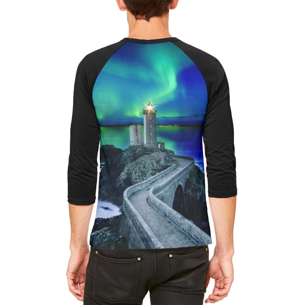 Northern Lights Aurora Lighthouse Mens Raglan T Shirt Men's Raglans Old Glory   