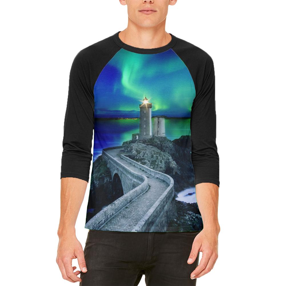 Northern Lights Aurora Lighthouse Mens Raglan T Shirt Men's Raglans Old Glory 2XL White-Black 