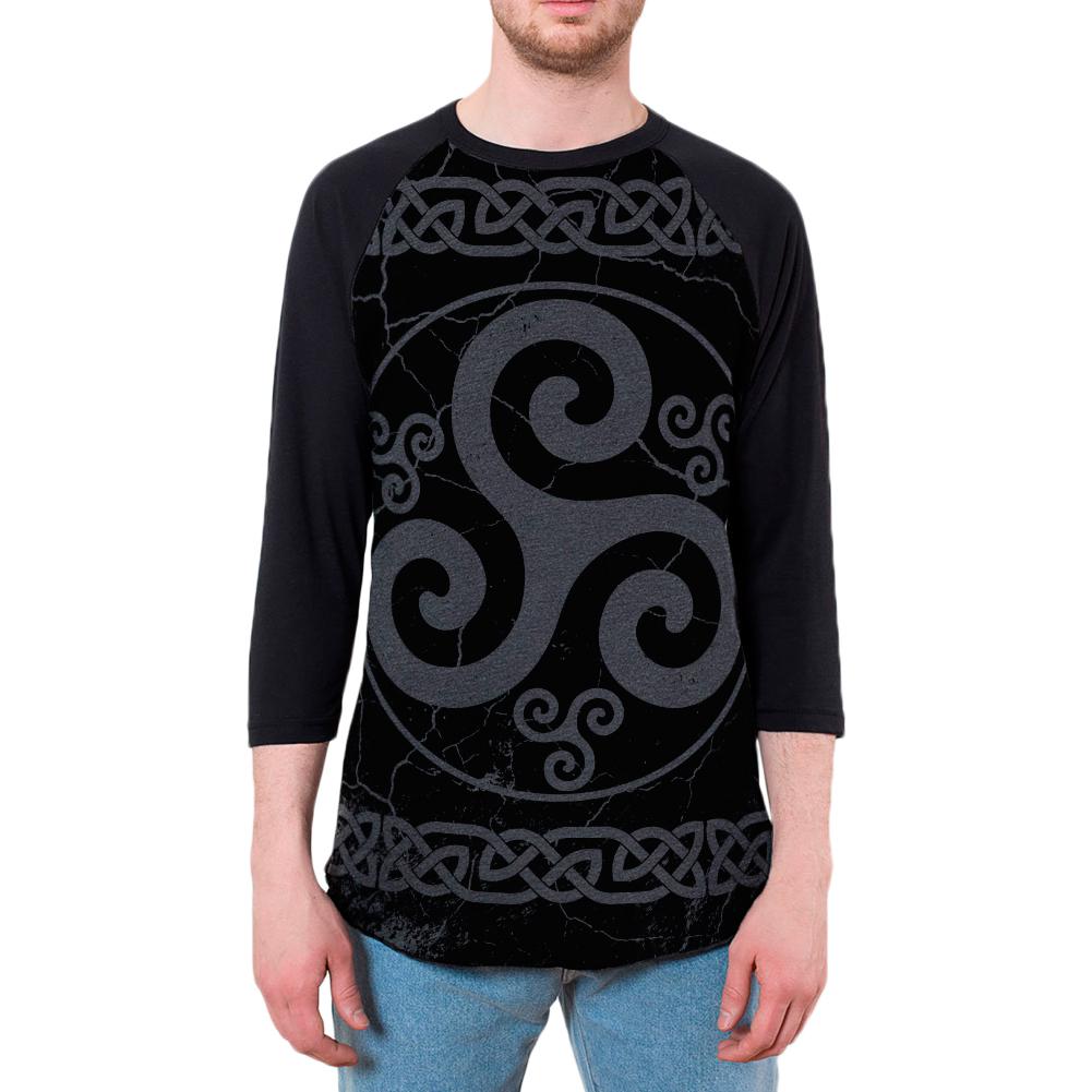 Celtic Triskelion Triskele Distressed Mens Raglan T Shirt Men's Raglans Old Glory 2XL Heather Black-Black 