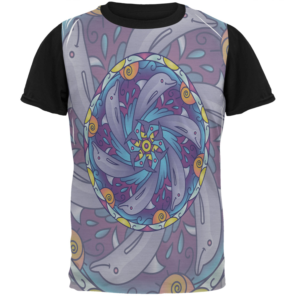 Mandala Trippy Stained Glass Dolphins All Over Mens Black Back T Shirt Men's T-Shirts Old Glory SM Multi 