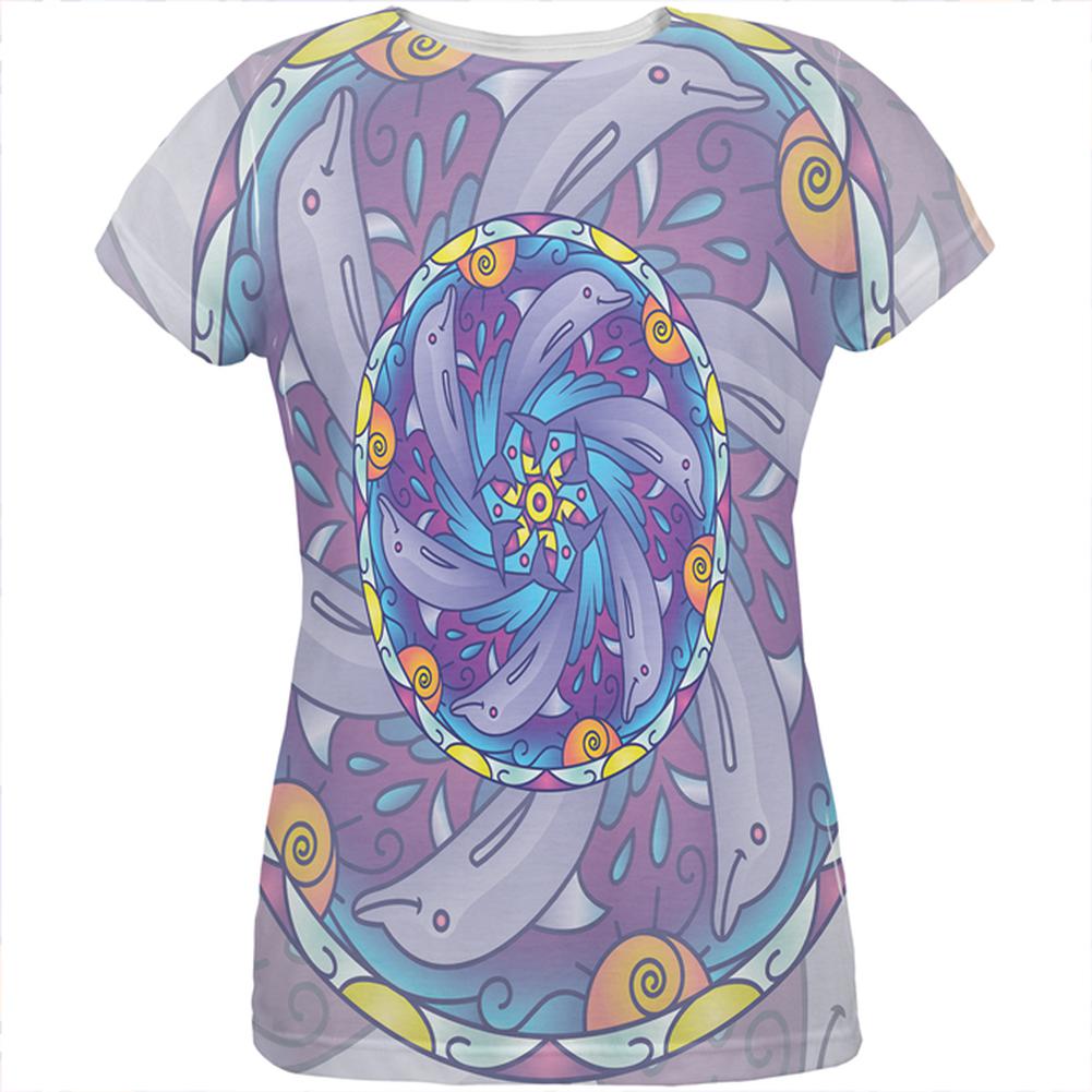 Mandala Trippy Stained Glass Dolphins All Over Womens T Shirt Women's T-Shirts Old Glory 2XL Multi 