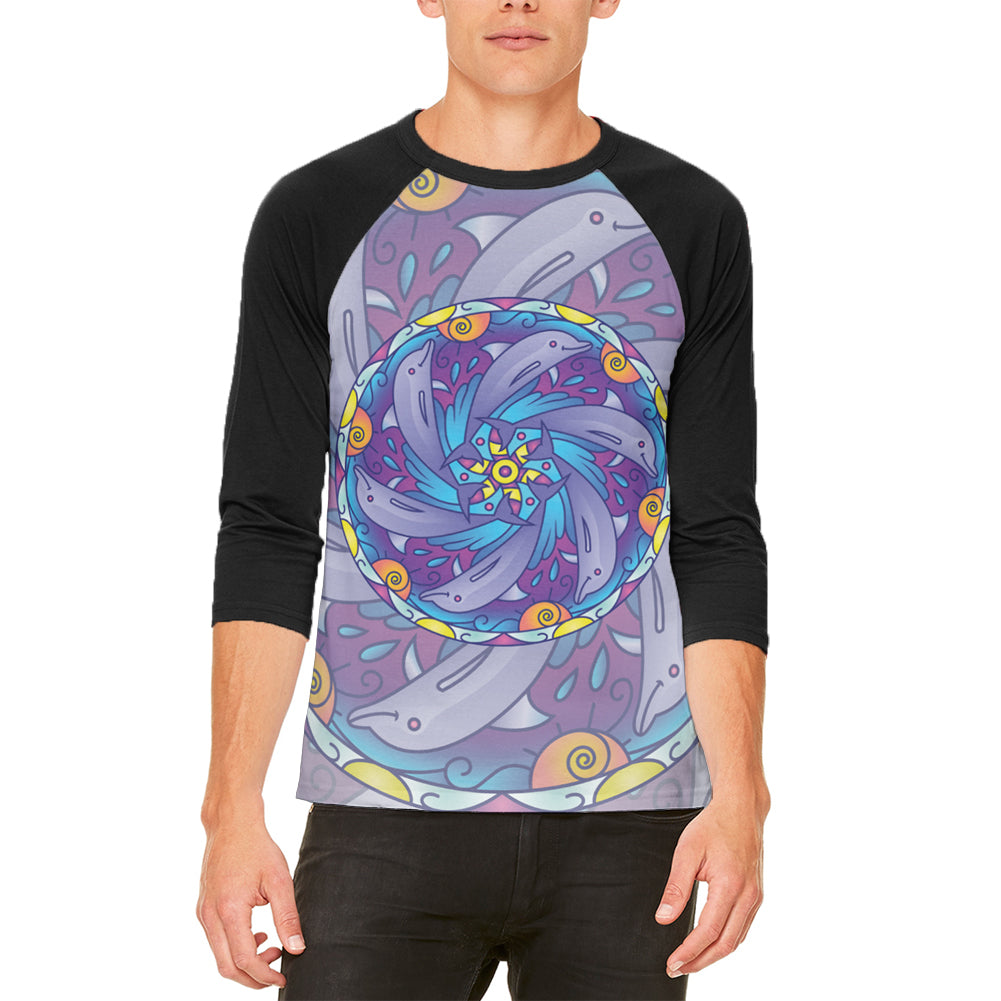 Mandala Trippy Stained Glass Dolphins Mens Raglan T Shirt Men's Raglans Old Glory LG White 