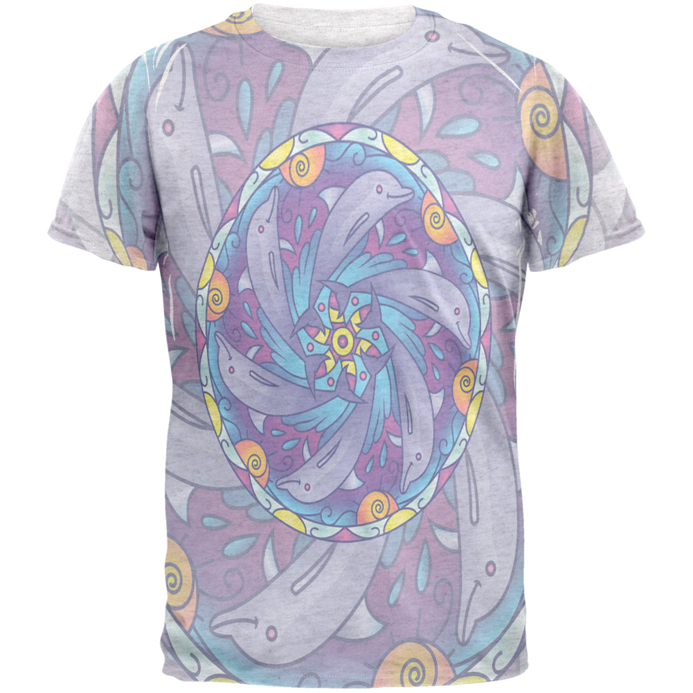 Mandala Trippy Stained Glass Dolphins Mens T Shirt Men's T-Shirts Old Glory 2XL White 