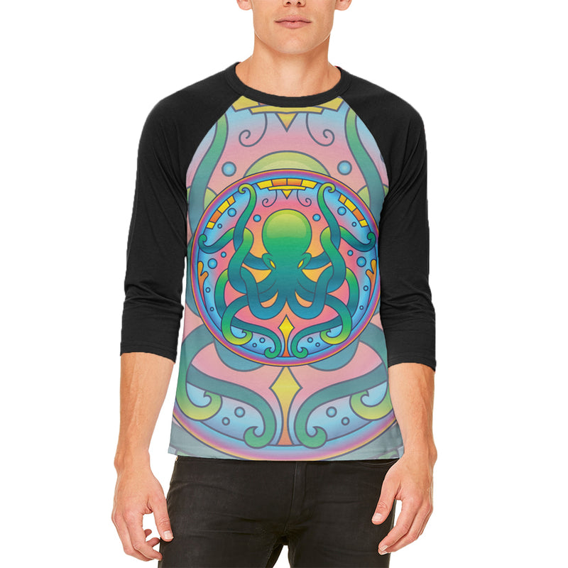 Mandala Trippy Stained Glass Octopus Mens Raglan T Shirt Men's Raglans Old Glory 2XL White-Black 