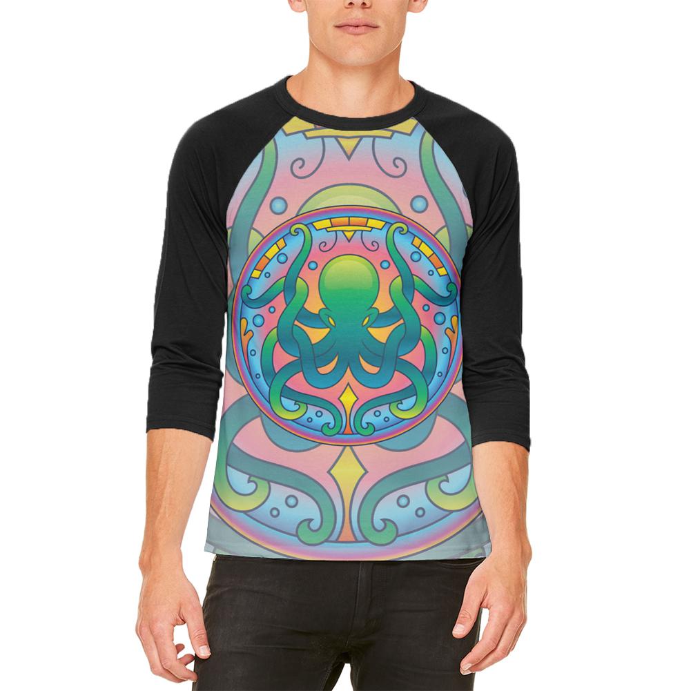 Mandala Trippy Stained Glass Octopus Mens Raglan T Shirt Men's Raglans Old Glory XL White-Black 