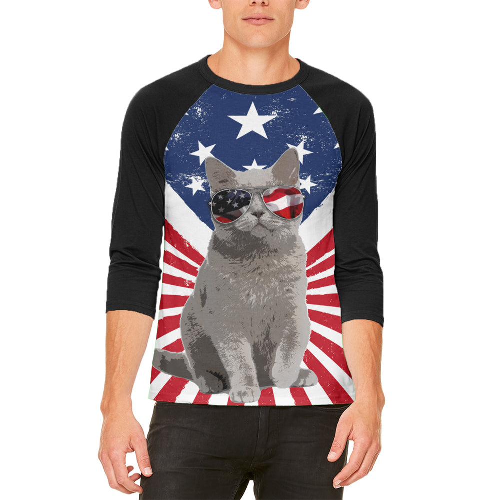 4th Of July Meowica America Patriot Cat Mens Raglan T Shirt Men's T-Shirts 4th of July SM  