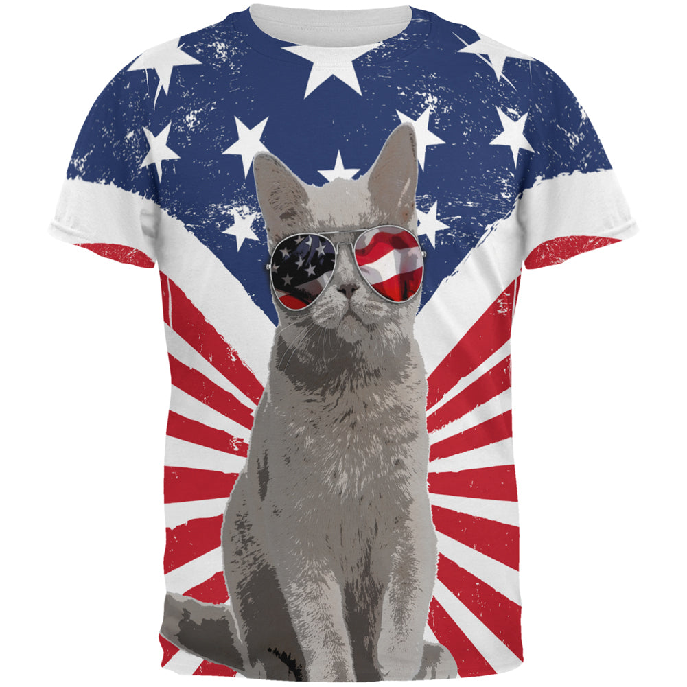 4th Of July Meowica America Patriot Cat All Over Mens T Shirt Men's T-Shirts 4th of July 2XL Multicolor 