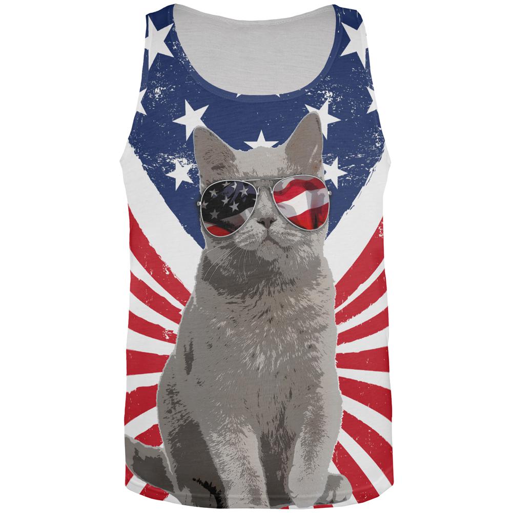 4th Of July Meowica America Patriot Cat All Over Mens Tank Top Men's Tank Tops Old Glory 2XL Multi 