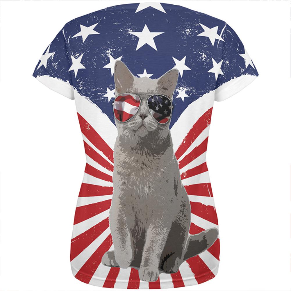 4th Of July Meowica America Patriot Cat All Over Womens T Shirt Women's T-Shirts Old Glory   