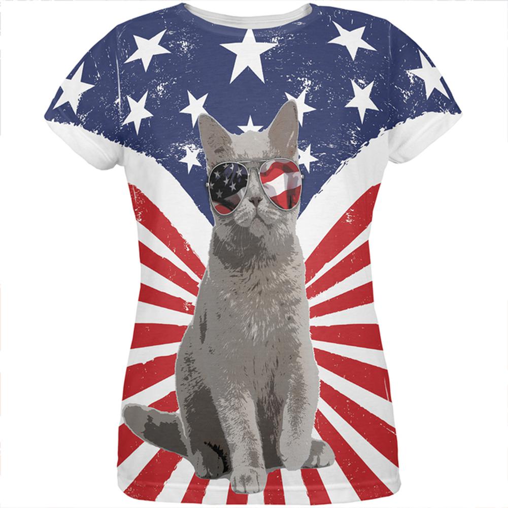 4th Of July Meowica America Patriot Cat All Over Womens T Shirt Women's T-Shirts Old Glory 2XL Multi 