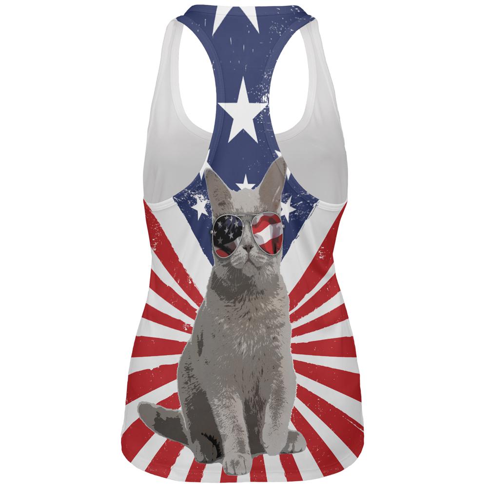 4th Of July Meowica America Patriot Cat All Over Womens Work Out Tank Top Women's Tank Tops Old Glory   