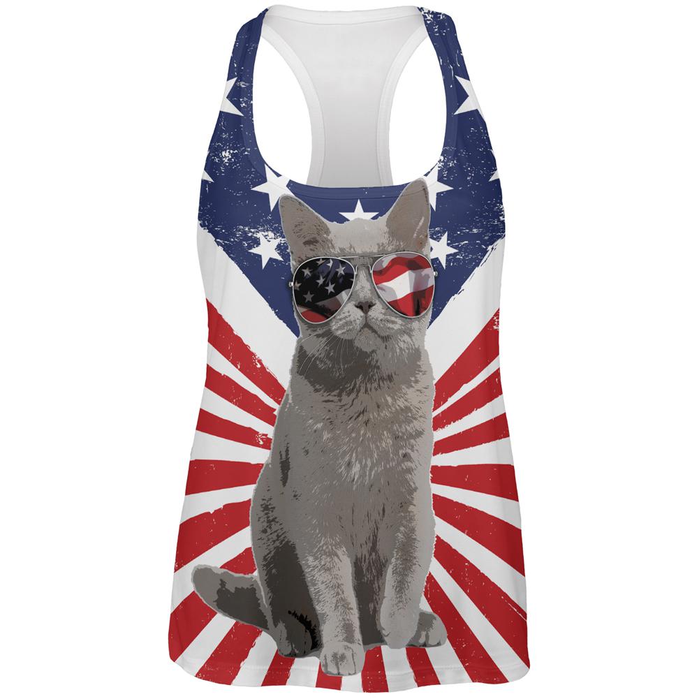 4th Of July Meowica America Patriot Cat All Over Womens Work Out Tank Top Women's Tank Tops Old Glory 2XL Multi 