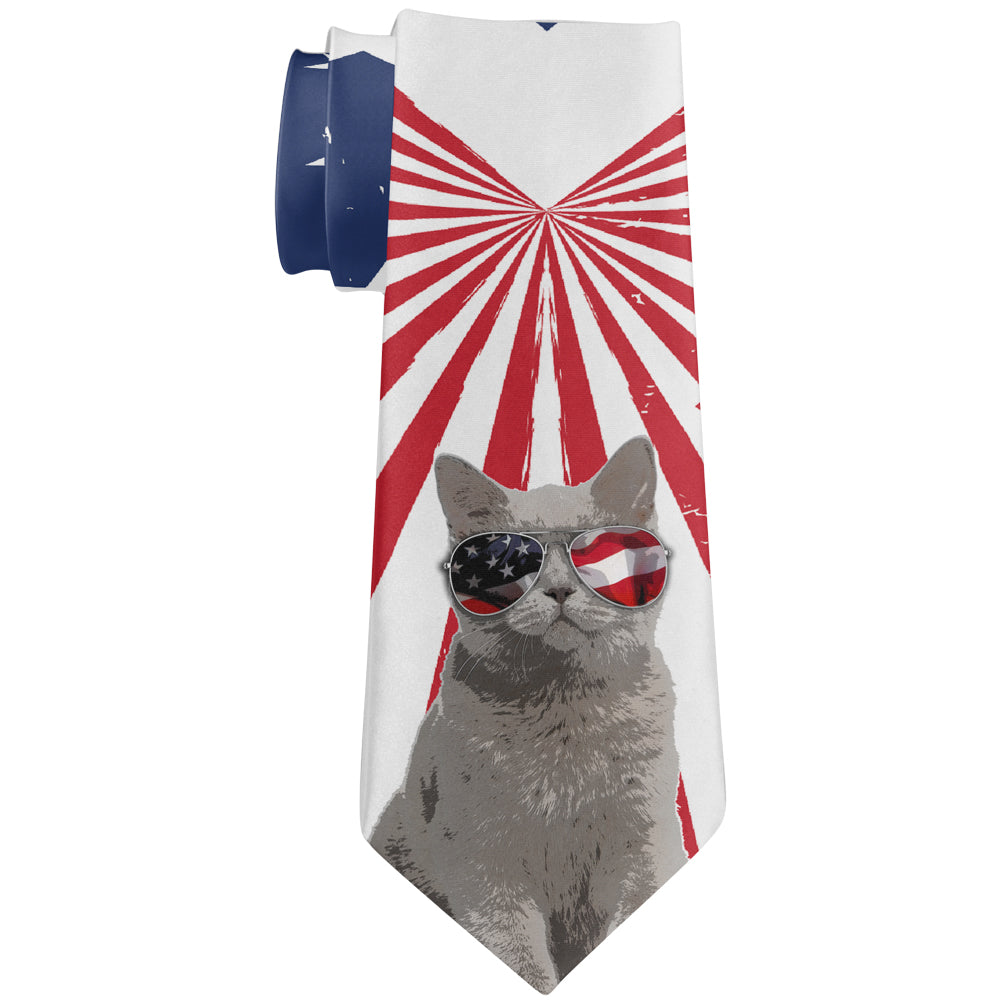 4th Of July Meowica America Patriot Cat All Over Neck Tie Men's Neck Ties 4th of July OS Multicolor 