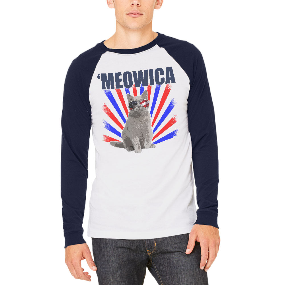 Cat 4th of July Meowica Mens Long Sleeve Raglan T Shirt Men's Raglans 4th of July 2XL White-Navy 