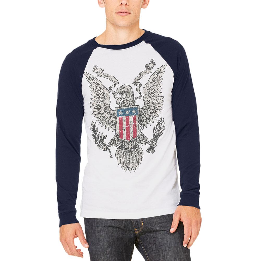 4th of July Born Free Distressed Vintage Eagle Mens Long Sleeve Raglan T Shirt Men's Raglans Old Glory 2XL White-Navy 