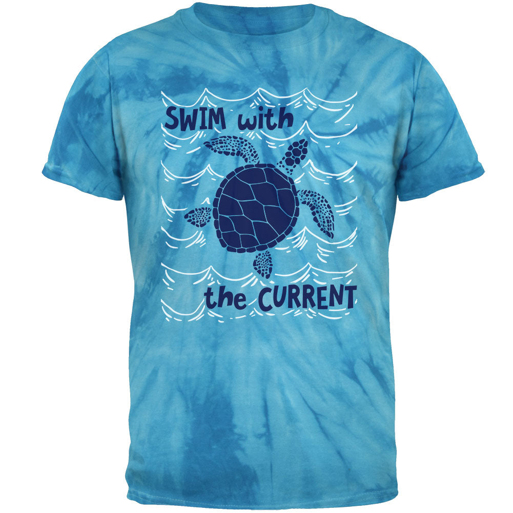 Sea Turtle Swim with the Current Mens T Shirt Men's T-Shirts Old Glory 2XL Pinwheel Blue Tie Dye 