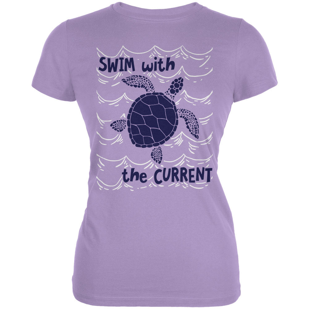 Sea Turtle Swim with the Current Juniors Soft T Shirt Juniors T-Shirts Old Glory LG Lavender 