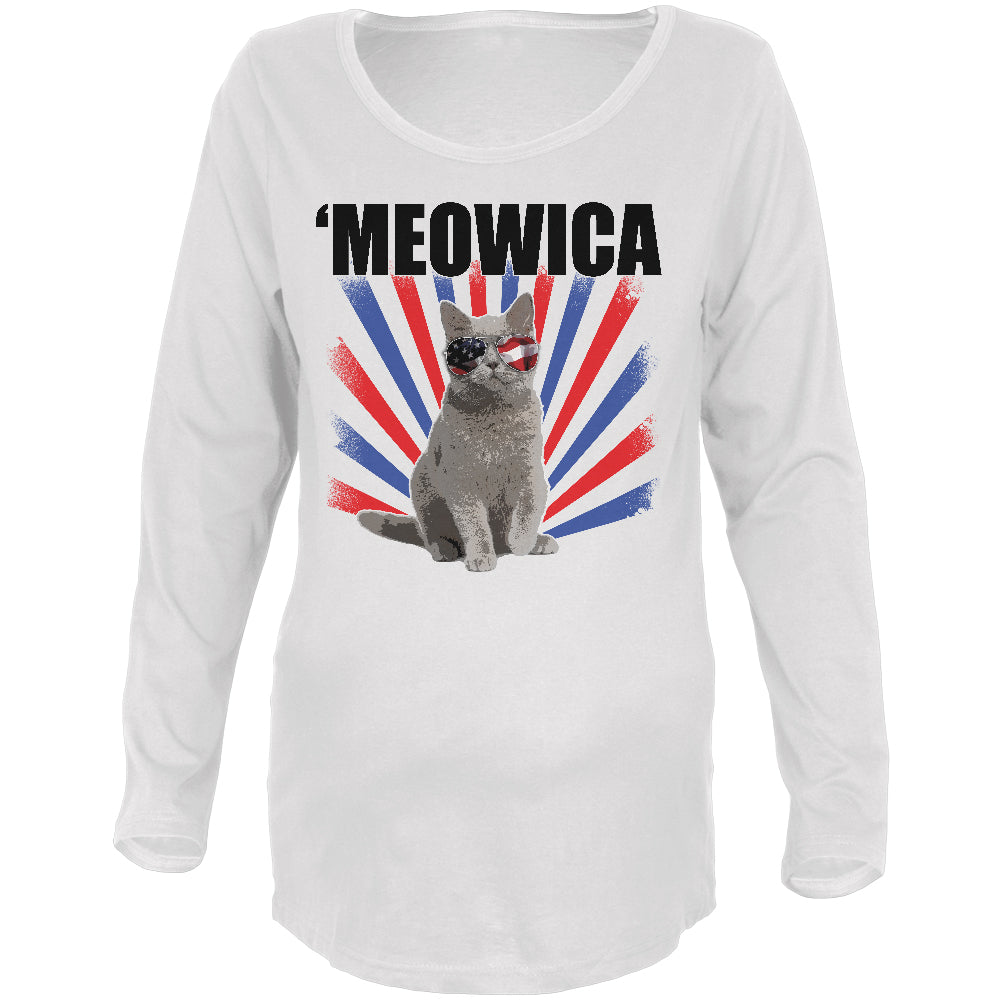 4th Of July Meowica America Patriot Cat Maternity Soft Long Sleeve T Shirt Maternity Long Sleeve T-Shirts 4th of July 2XL White 