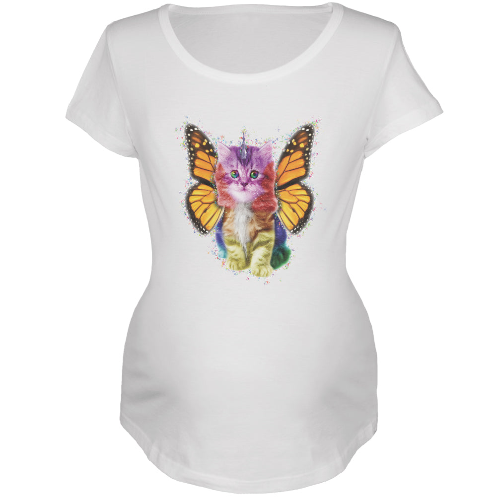 Rainbow Butterfly Unicorn Kitten Maternity Soft T Shirt Maternity T-Shirts Old Glory 2XL White 