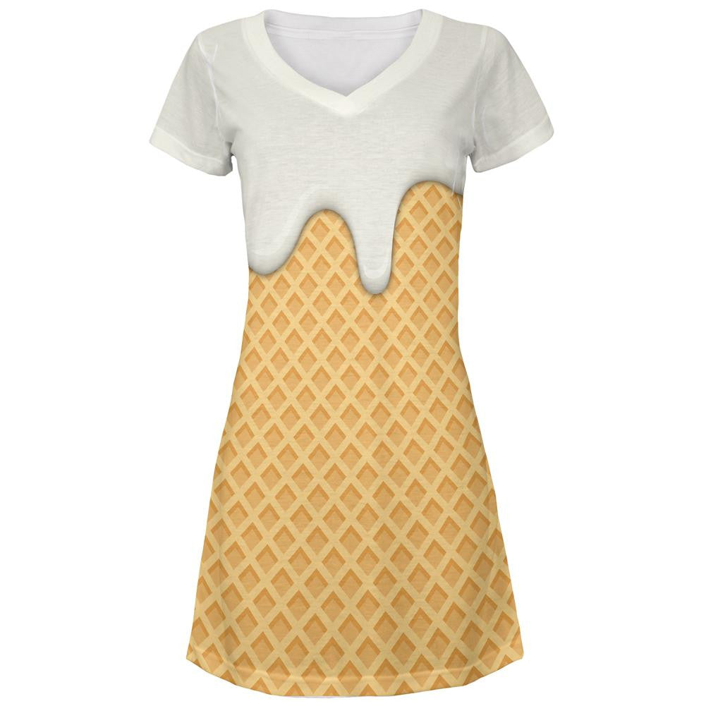 Melting Vanilla Ice Cream Cone All Over Juniors Beach Cover-Up Dress Juniors Dresses Old Glory LG Multi 