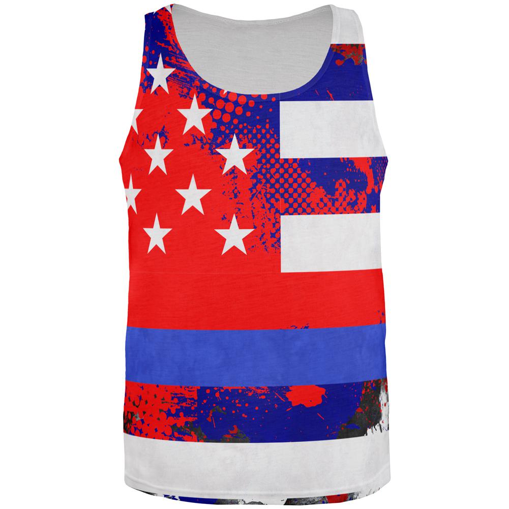 Thin Blue Line Police Lives Matter Distressed Splatter All Over Mens Tank Top Men's Tank Tops Old Glory SM Multi 