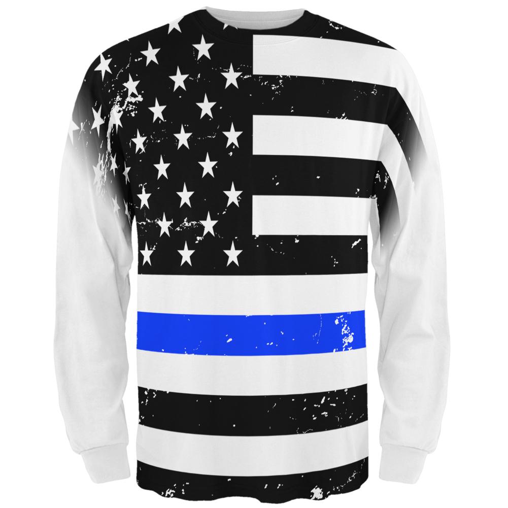 Distressed Thin Blue Line American Flag All Over Mens Long Sleeve T Shirt Men's Long Sleeves Old Glory LG Multi 