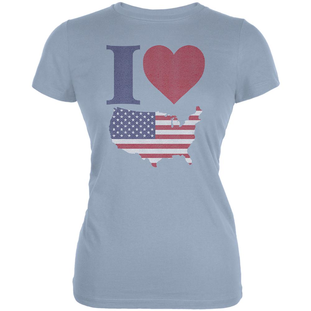 July 4th I Heart Love America Halftone Juniors Soft T Shirt Juniors T-Shirts Old Glory 2XL Light Blue 