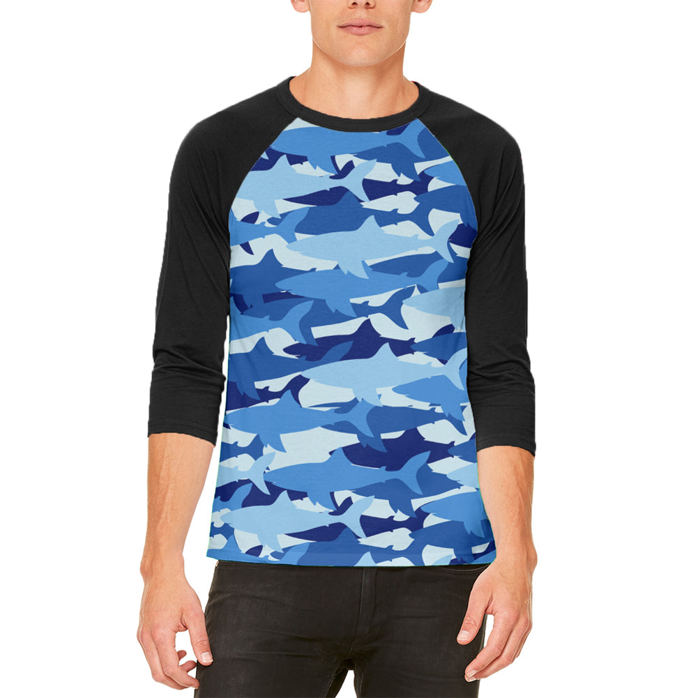 Great White Shark Camo Mens Raglan T Shirt Men's Raglans Old Glory LG White-Black 