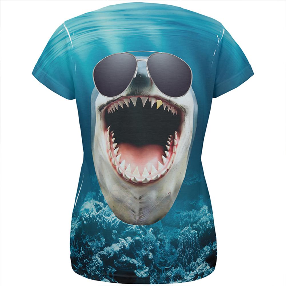 Big Goofy Shark In Sunglasses All Over Womens T Shirt Women's T-Shirts Old Glory   