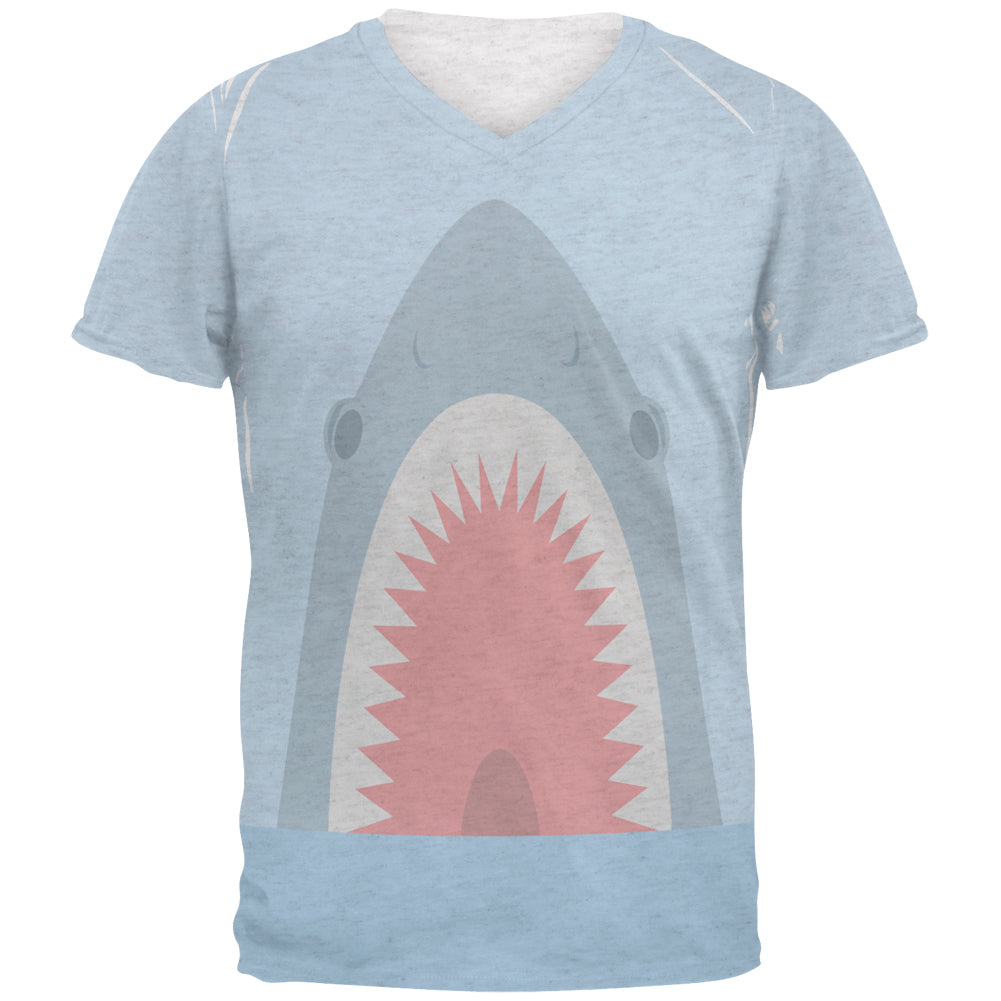 Cute Fun Shark Attack Mens Soft V-Neck T Shirt Men's T-Shirts Old Glory 2XL Heather White 