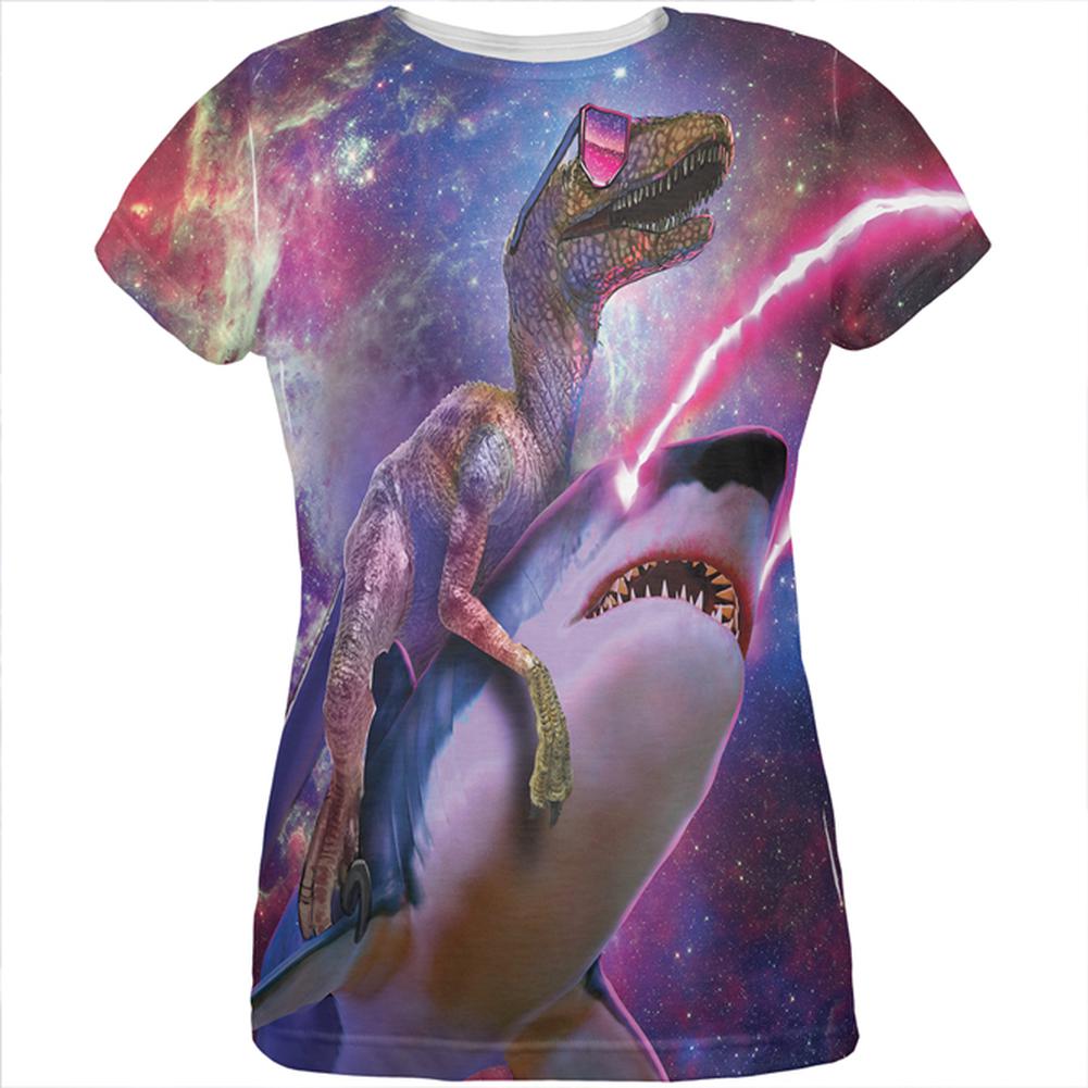 Velociraptor Laser Shark Galaxy Funny All Over Womens T Shirt Women's T-Shirts Old Glory 2XL Multi 