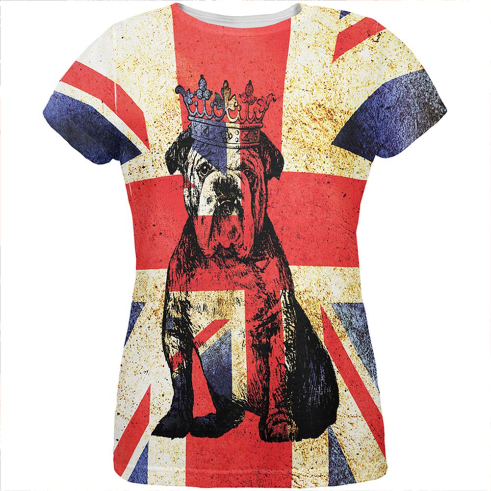 English British Bulldog Crown Grunge Flag All Over Womens T Shirt Women's T-Shirts Old Glory 2XL Multi 