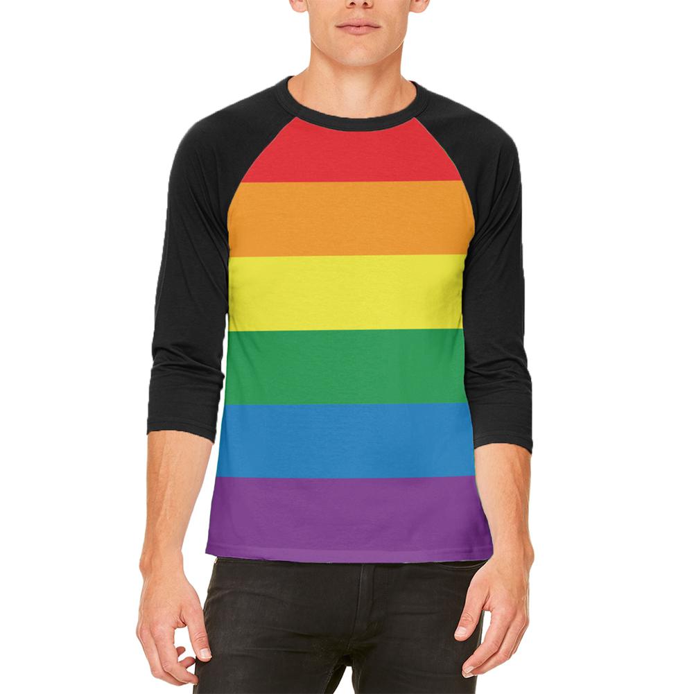 Rainbow Gay Pride Flag Mens Raglan T Shirt Men's Raglans Old Glory 2XL White-Black 