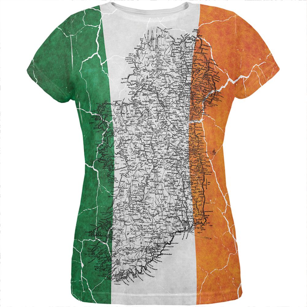 St Patrick's Day Vintage Irish Map Flag Distressed All Over Womens T Shirt Women's T-Shirts Old Glory 2XL Multi 