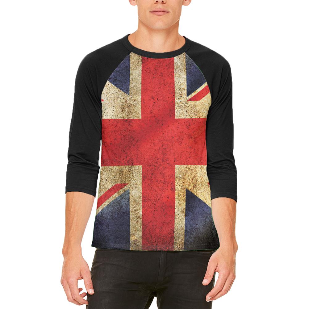 British Flag Union Jack Grunge Distressed Mens Raglan T Shirt Men's Raglans Old Glory 2XL White-Black 