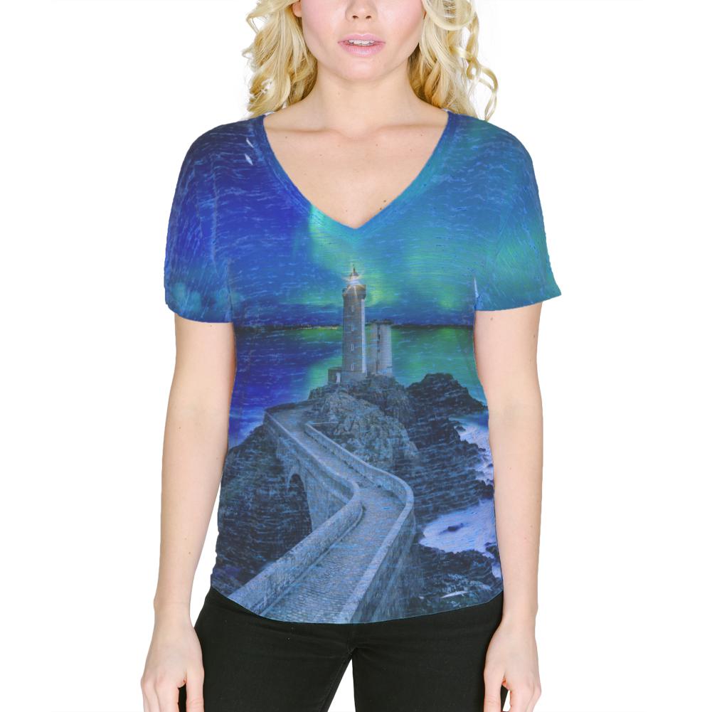 Northern Lights Aurora Lighthouse Women's Slouchy V-Neck T Shirt Women's T-Shirts Old Glory 2XL Blue Marble 