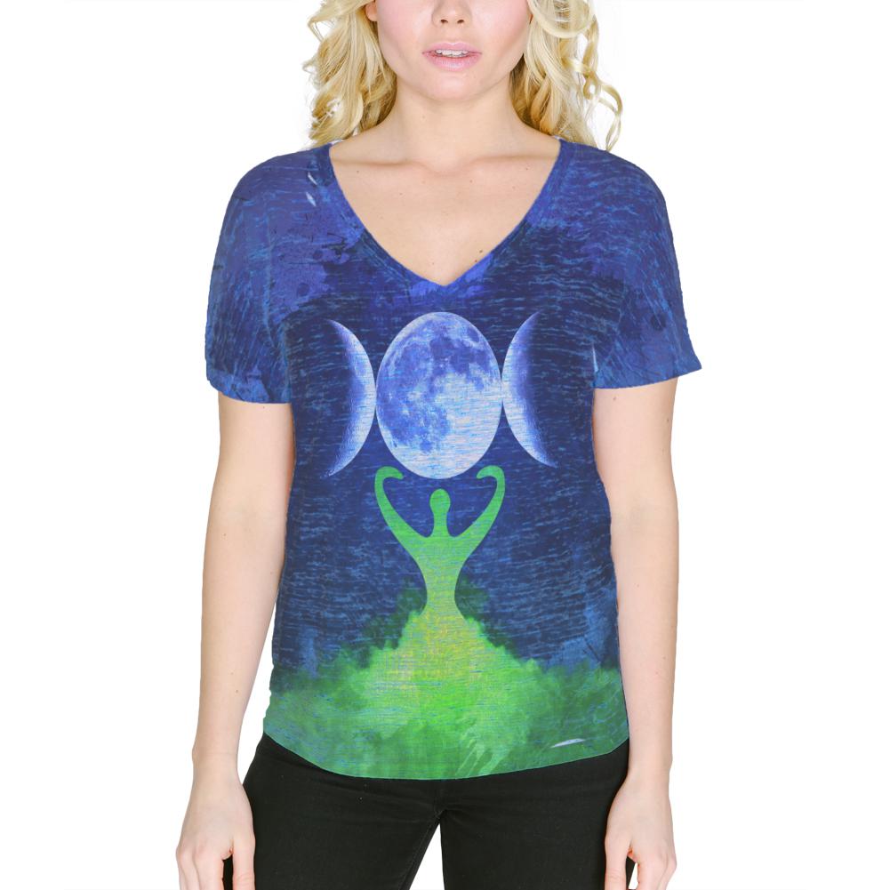 Wiccan Moon Goddess Mother Earth Symbol Women's Slouchy V-Neck T Shirt Women's T-Shirts Old Glory 2XL Blue Marble 